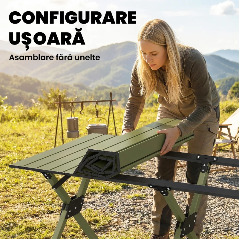 Outsunny Masă de Camping Pliabilă 116 cm, Masă de Picnic Rezistentă la Apă cu Suprafață Rulabilă și Cadru Metalic, Verde