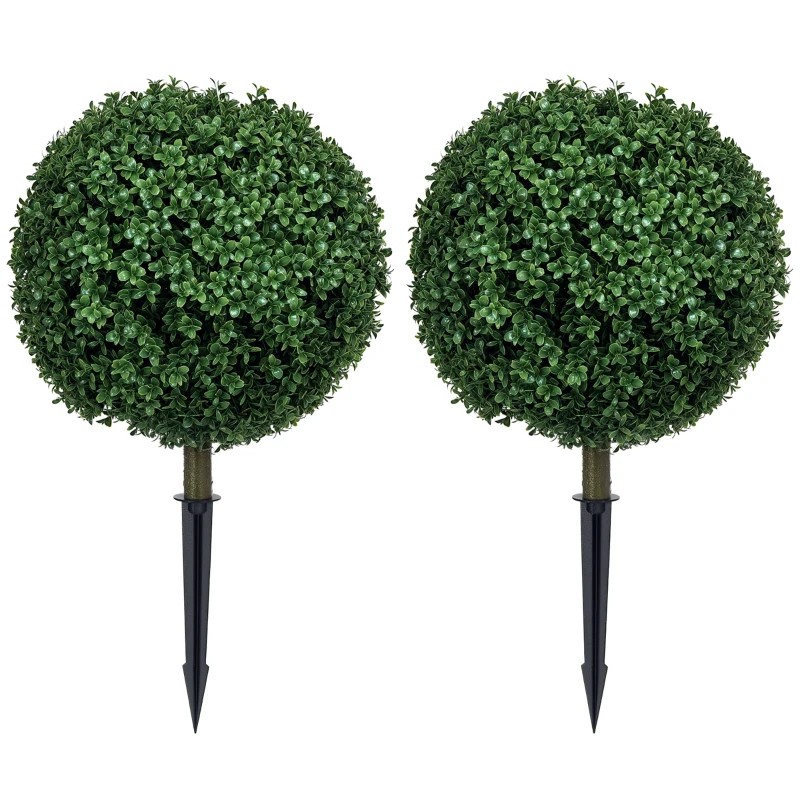 HOMCOM Artificial Boxwood Trees w/ Ground Stake, Set of 2 Ball Shaped Topiary Trees for Home Office & Living Room, UV Resistant