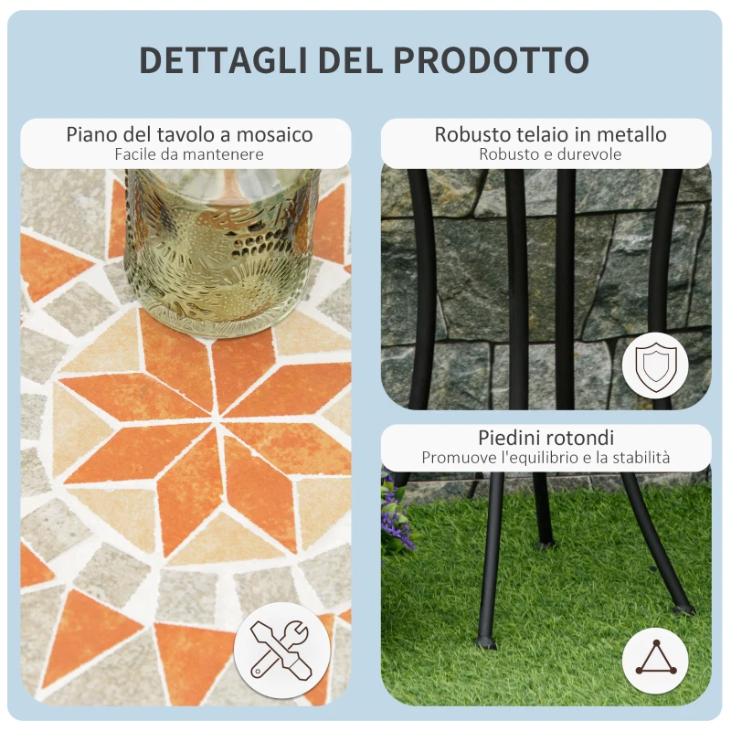 Outsunny Tavolino Rotondo per Esterni con Piano in Ceramica a Mosaico, in Metallo, Ø35.5x53.5 cm, Multicolore