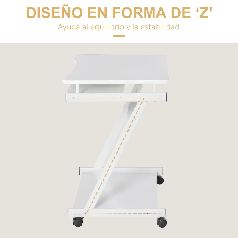 HOMCOM Mesa de Ordenador con Ruedas 60x48 cm con Bandeja Deslizante para Teclado y Estante Inferior Marco Metálico Blanco