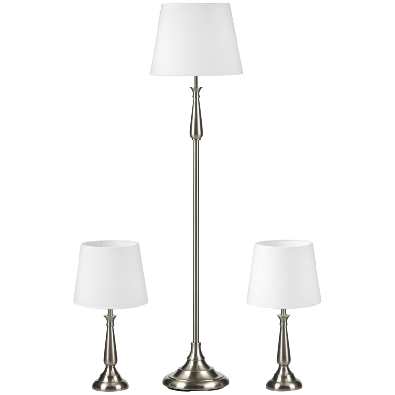 HOMCOM 3-częściowy zestaw lamp w stylu retro, 2 lampy stołowe, 1 lampa podłogowa, 35,5 cm x 35,5 cm x 146 cm, Srebrny + Biały