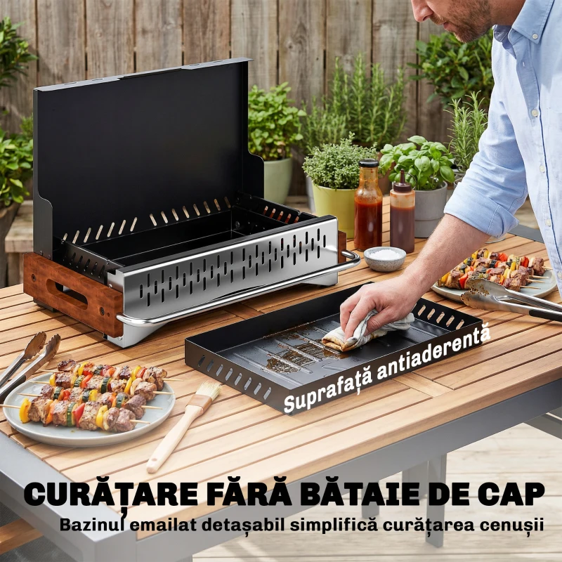 Outsunny Grătar Portabil cu Cărbune, Tava Detașabilă, din Oțel Inoxidabil și Metal, 50,5x34x33 cm, Negru