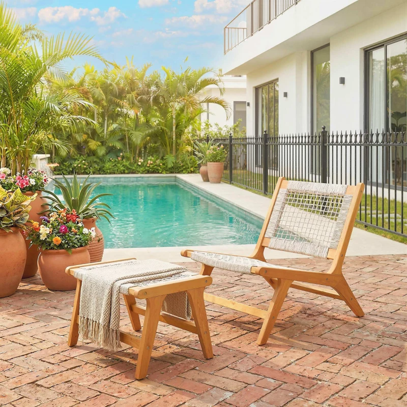 Outsunny Fotoliu de grădină cu taburet 2 piese lemn de acacia certificat FSC fotoliu lounge exterior cu șezut din ratan stil boho picioare reglabile