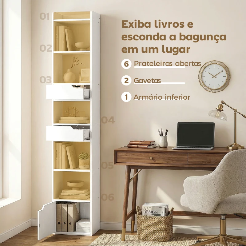 HOMCOM Estante para Livros com 2 Gavetas e Porta Estante Estreita com 6 Prateleiras Abertas 32x24x181,5 cm Branco