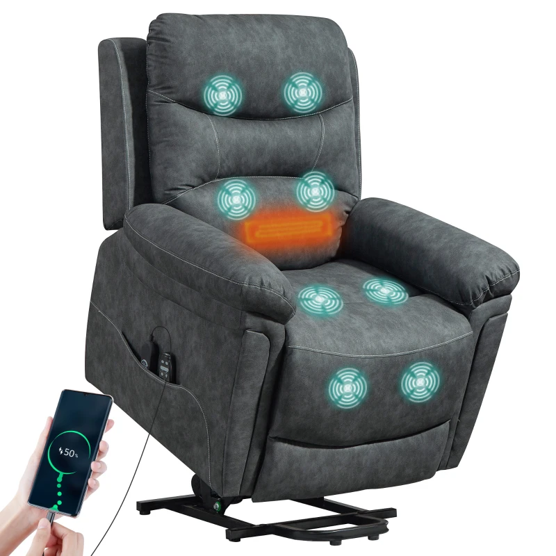HOMCOM Power Lift Recliner Chair with Vibration Massage, Heat, USB - Grey