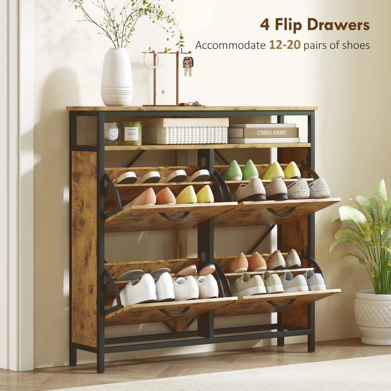 HOMCOM Shoe Storage Cabinet with 4 Flip Drawers and Open Shelf - Rustic Brown