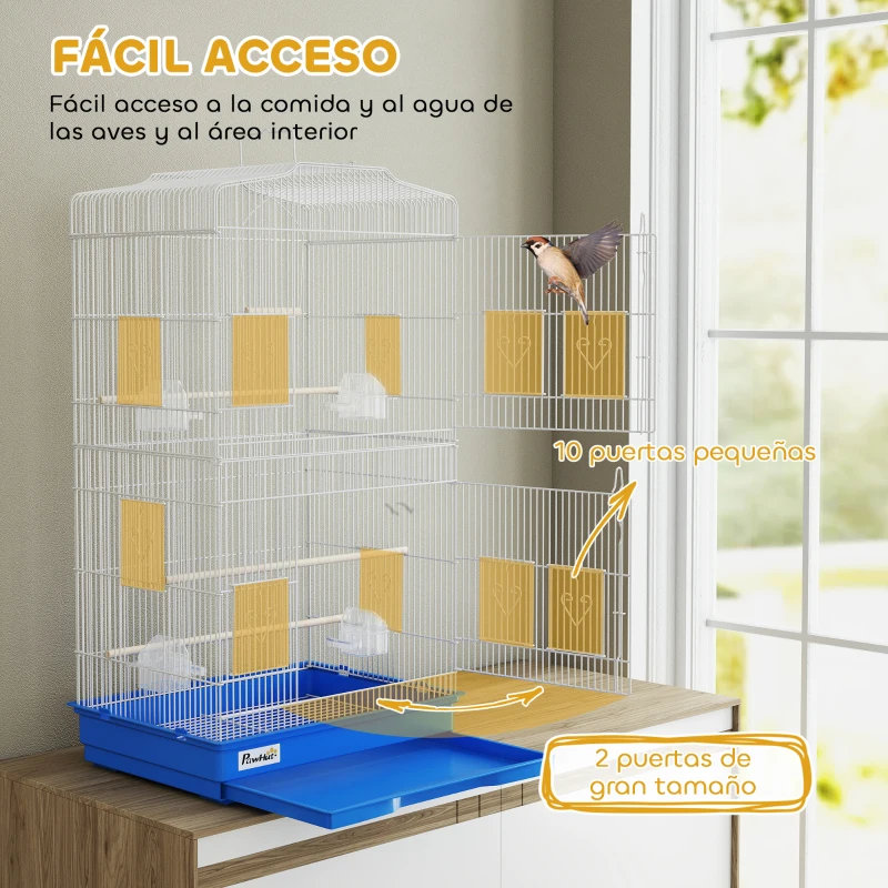 PawHut Jaula para Pájaros Pajarera de Metal con 4 Comederos 3 Perchas Columpio y Bandeja Extraíble Asa 46,5x35,5x92 cm Azul