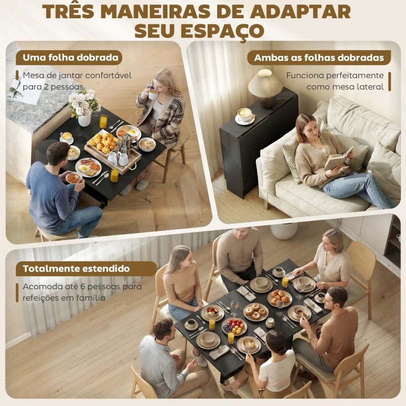 HOMCOM Mesa de Cozinha Dobrável com 2 Prateleiras de Armazenamento e Laterais Dobráveis 75x140x74 cm Preto