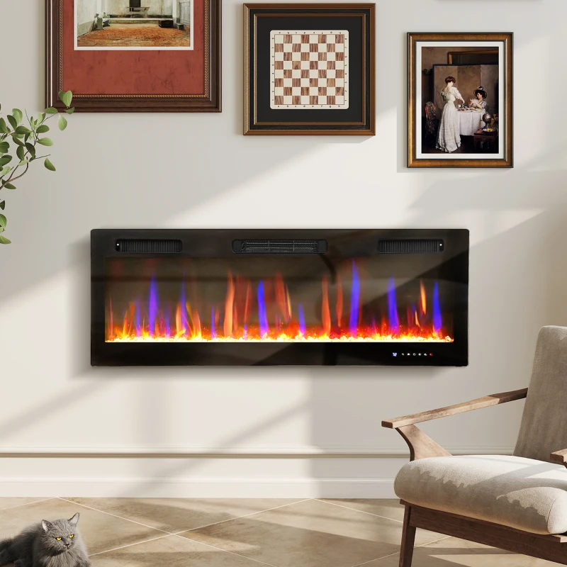HOMCOM Cheminée électrique mural ou encastrable 900W/1800W, effet flamme à 12 couleurs 5 luminosités, 127 x 9,4 x 47 cm, noir