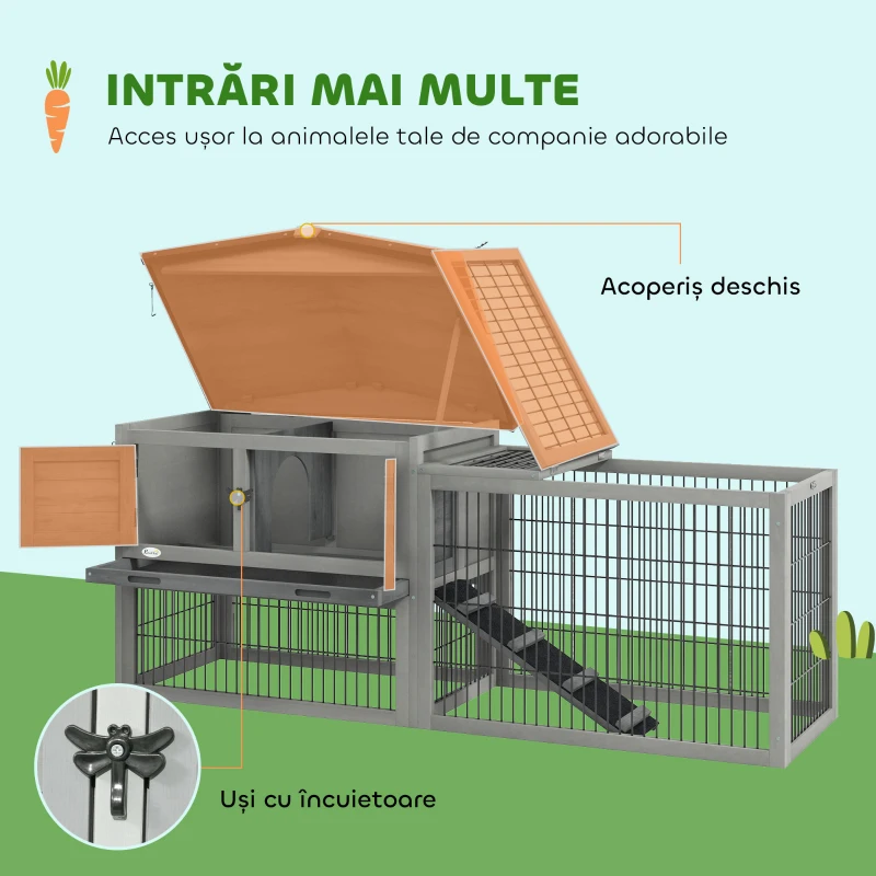 PawHut Cușcă pentru Iepuri de Exterior cu Rampă, Acoperiș Rabatabil și Tăviță, Cușcă din Lemn de Brad, 150x52x68 cm, Gri Deschis