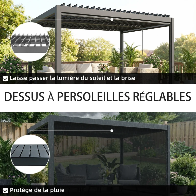 Outsunny Pergola bioclimatique 4x3m, pergola aluminium avec lames orientables, manivelle, stores latéraux coupe-vent, gris foncé