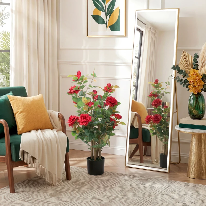 HOMCOM 90cm Artificial Rose Tree, Decorative Fake Plant with 344 Silk Leaves 17 Flowers for Outdoor Indoor Decor, Red