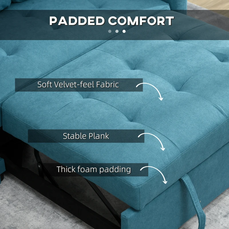 HOMCOM Loveseat Sofa Bed, Convertible Bed Settee with 2 Pillows, Side Pockets, Blue