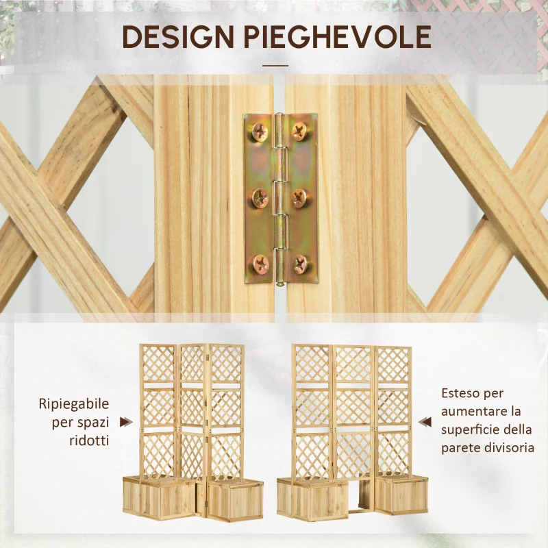 Outsunny Paravento, Schermatura per Giardino Pieghevole con 4 fioriere in Legno Massello, 133 x 62 x 165 cm, Colore Naturale