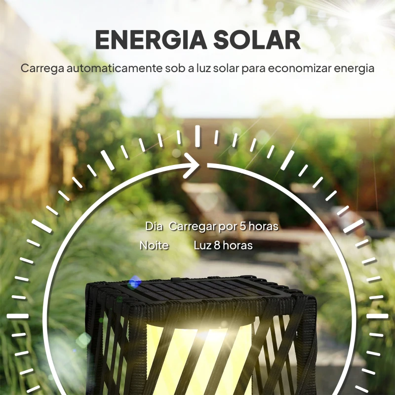 Outsunny Candeeiro de Jardim em Vime Candeeiro Solar Exterior com Luzes LED Automáticas Impermeável IP44 16x16x68 cm Preto