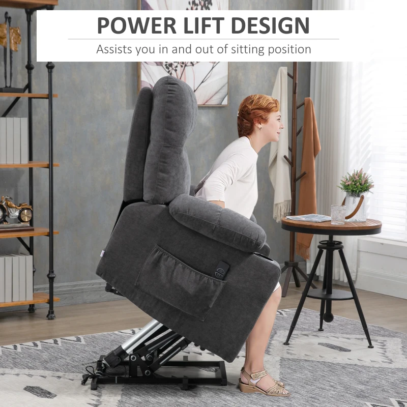 HOMCOM Fotel z funkcją podnoszenia dla seniora, funkcja leżenia, z pilotem, 144 cm x 91 cm x 88 cm, Ciemnoszary