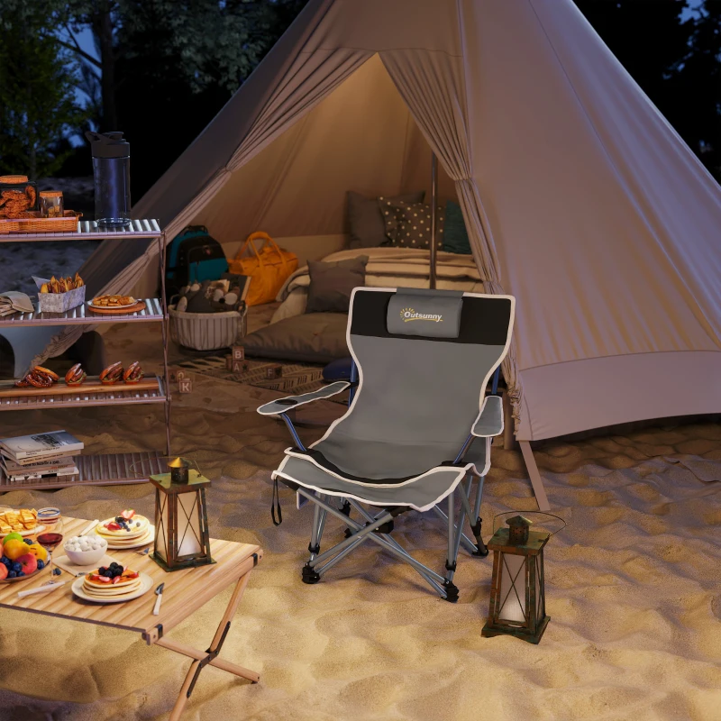 Outsunny Chaise de camping pliante fauteuil de pêche avec repose-pied amovible, appui-tête, porte-gobelet, sac de transport gris