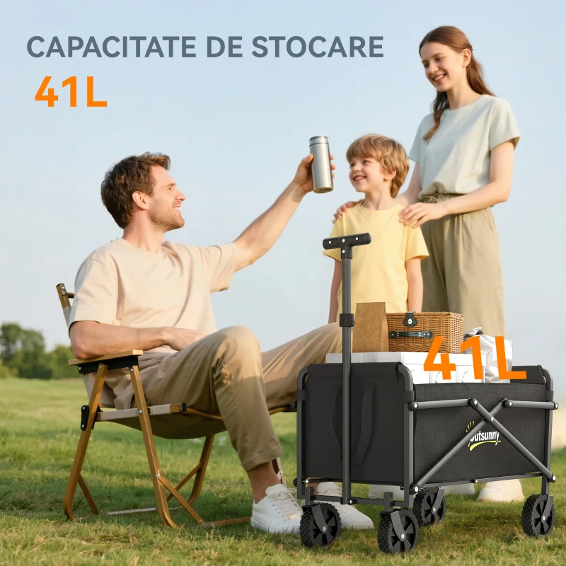 Outsunny Cărucior de Grădină Pliabil 41L cu 4 Roți, Trolley de Camping din Metal și Material Textil Oxford cu Geantă de Transport și Mâner Reglabil, Negru