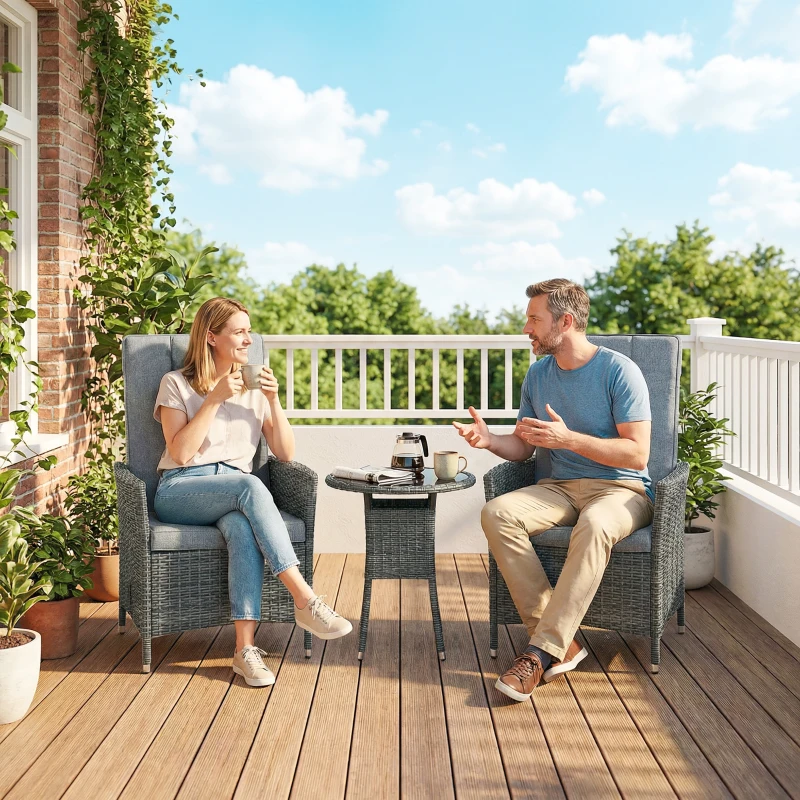 Outsunny Rattan Bistro Set, Reclining Garden Chairs and Glass Coffee Table with Cushions for Patio Balcony Porch, Grey