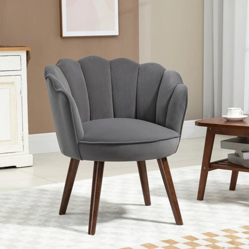 HOMCOM Fauteuil Coquillage Fauteuil de Salon Chambre avec Dossier et Coussin Aspect Velours Pieds en Bois hévéa dim. 66L x 66l x 78,5H cm, Gris