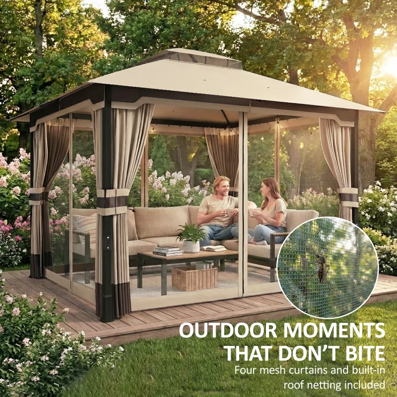 Outsunny Pavillon 3,6x3 m Wasserabweisend Stabil Winterfest Gartenpavillon mit Doppeldach Moskitonetz Seitenteile Abflusslöcher