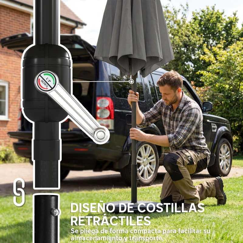 Outsunny Sombrilla Terraza Exterior 3x3m con Base Bolsa de Arena Manivela Inclinación Costillas Retráctiles Gris Oscuro