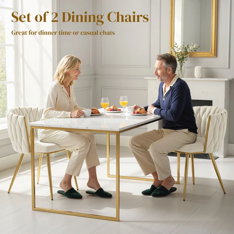 HOMCOM Velvet-Feel Dining Chairs Set of 2, Modern Upholstered Kitchen Chairs with Woven Backrest and Armrests, Metal Legs and Padded Seat for Dining Room, Bedroom, Living Room, Cream