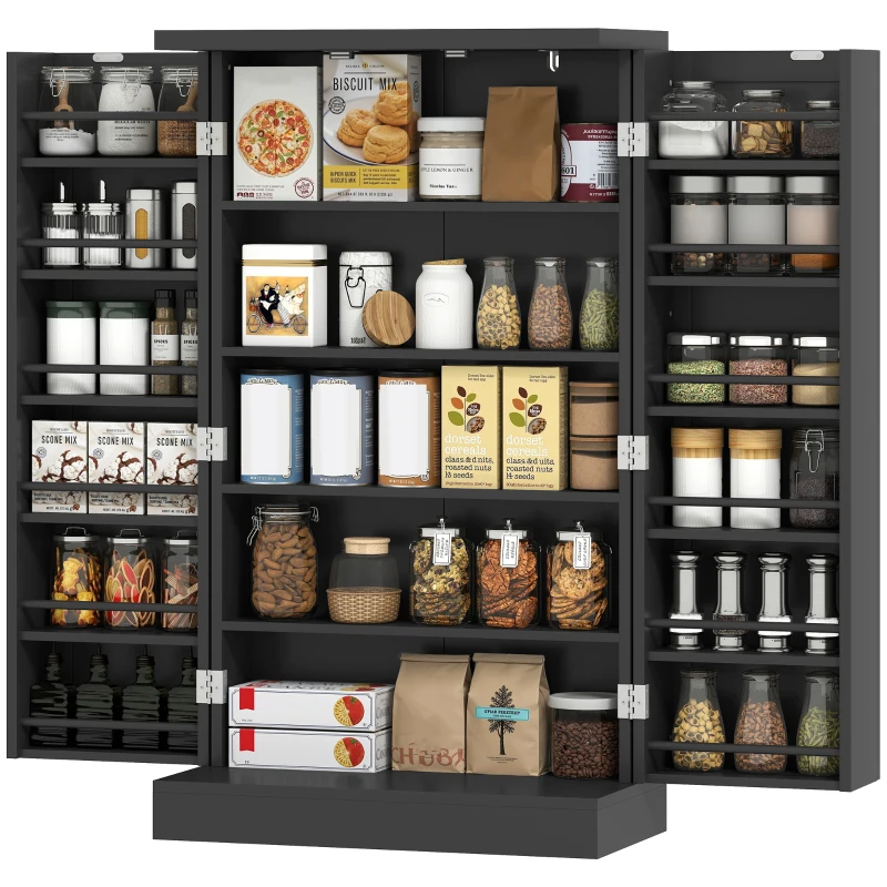 HOMCOM Kitchen Cupboard, Freestanding Multi-Storage Kitchen Pantry Cabinet with Adjustable Shelves, Black