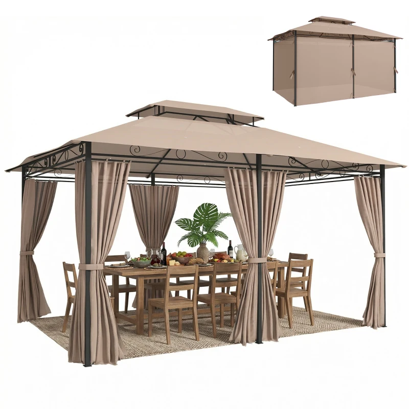 Outsunny Cenador para Jardín 3x4 m Pabellón de Jardín Gazebo con Doble Techo 6 Paredes Laterales Estructura Metálica Caqui