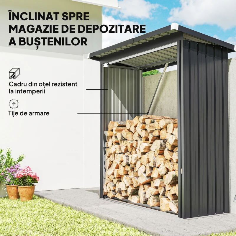 Outsunny Depozit pentru Lemne din Oțel pentru Exterior, Bază Ridicată și Acoperiș Înclinat, 150x66.5x150 cm, Gri Închis