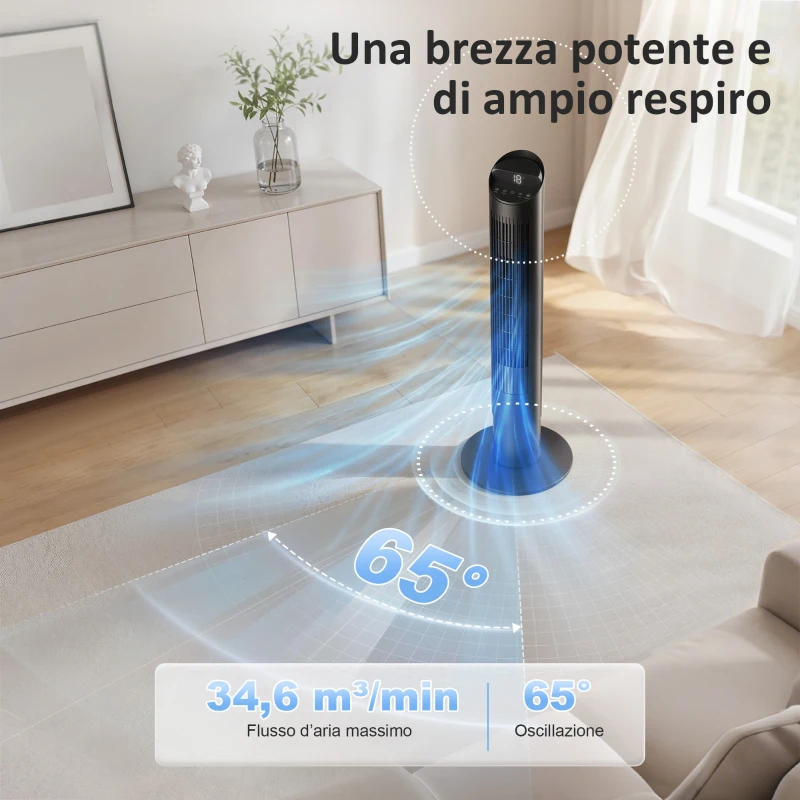 HOMCOM Ventilatore a Torre Alto 116 cm, Controllo Wi-fi con APP e Telecomando, Oscillazione e Timer, Nero