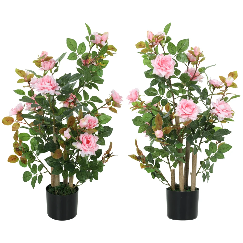 HOMCOM 90cm Artificial Rose Tree Set of 2, Decorative Fake Plant with 344 Silk Leaves 17 Flowers for Outdoor Indoor Decor, Pink