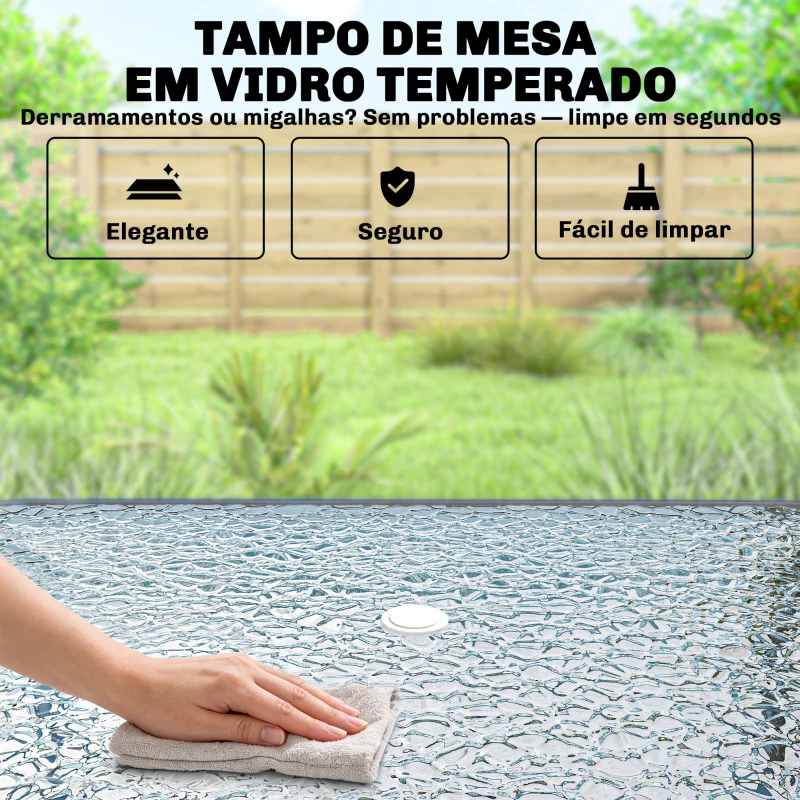 Outsunny Conjunto de Mesa e Cadeiras de Jardim de 8 Peças com Chapéu de Sol 6 Cadeiras Dobráveis e Mesa de Vidro Creme e Cinza