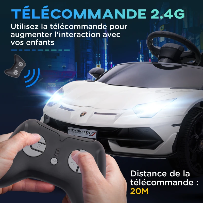 HOMCOM Voiture électrique pour enfants licence Lamborghini Aventador SVJ 12V avec portes papillon télécommande 3-5 KM/H blanc(m-19)