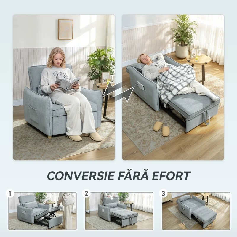 HOMCOM Fotoliu Extensibil 3 în 1 cu Spătar Reglabil și Pernă, Tapițerie din Chenille, 88x84x87 cm, Gri