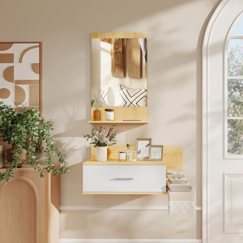 HOMCOM Conjunto de Recibidor de Entrada de Pared con Espejo y Almacenaje Espejo con Cajón y 2 Estantes Abiertos Madera Natural