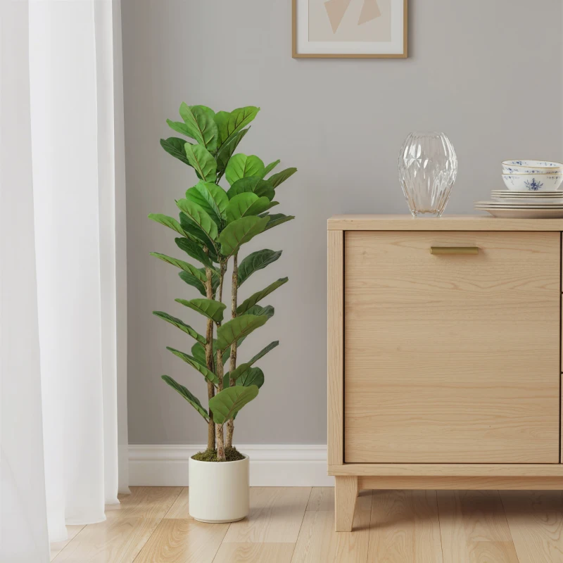 HOMCOM Plantă artificială de interior 120 cm Ficus lyrata arbore artificial cu ghiveci din plastic și trunchi din lemn masiv, verde