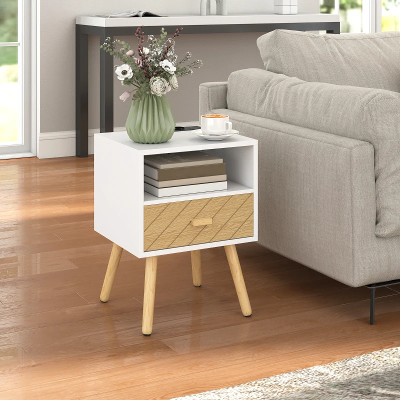 HOMCOM Nachttisch mit Ladestation Schublade 2 AC-Steckdosen USB-Anschluss Typ-C Offenes Fach Holzbeine Weiß