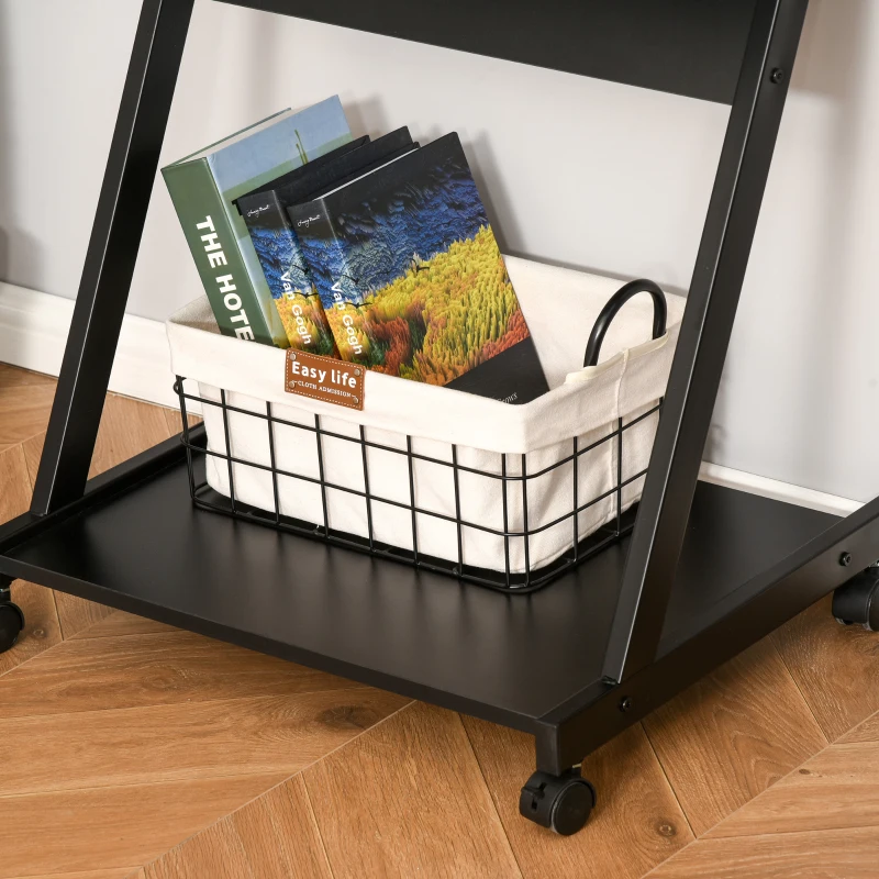 HOMCOM Mesa de Ordenador con Ruedas 60x48 cm con Bandeja Deslizante para Teclado y Estante Inferior Marco Metálico Negro