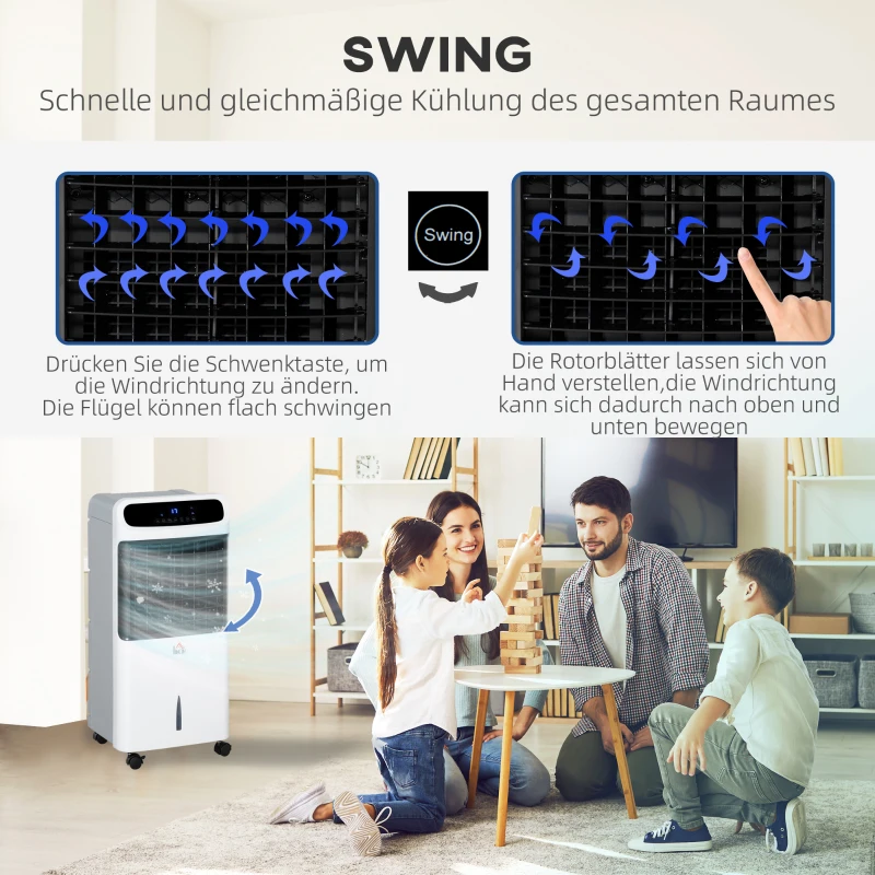 HOMCOM Luftkühler mit Wasserkühlung Fernbedienung 3 Modi, 3 Geschwindigkeiten, 12 Std-Timer, LED-Anzeige, 38x35x81 cm Weiß