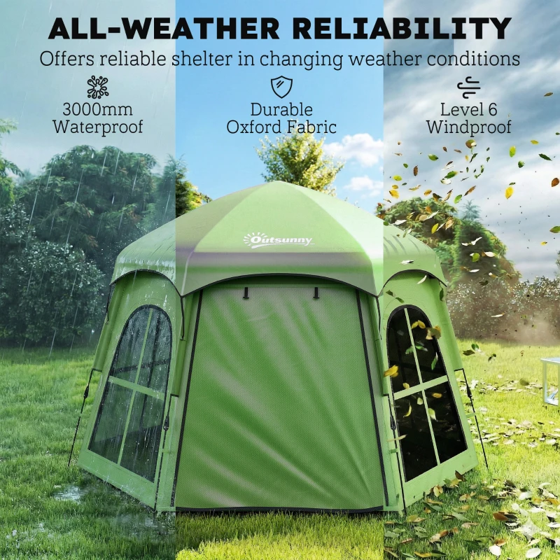 Outsunny Pop Up Tent 3000mm Waterproof Instant Camping Tent 3-4 Person with 2 Doors 4 Windows Green
