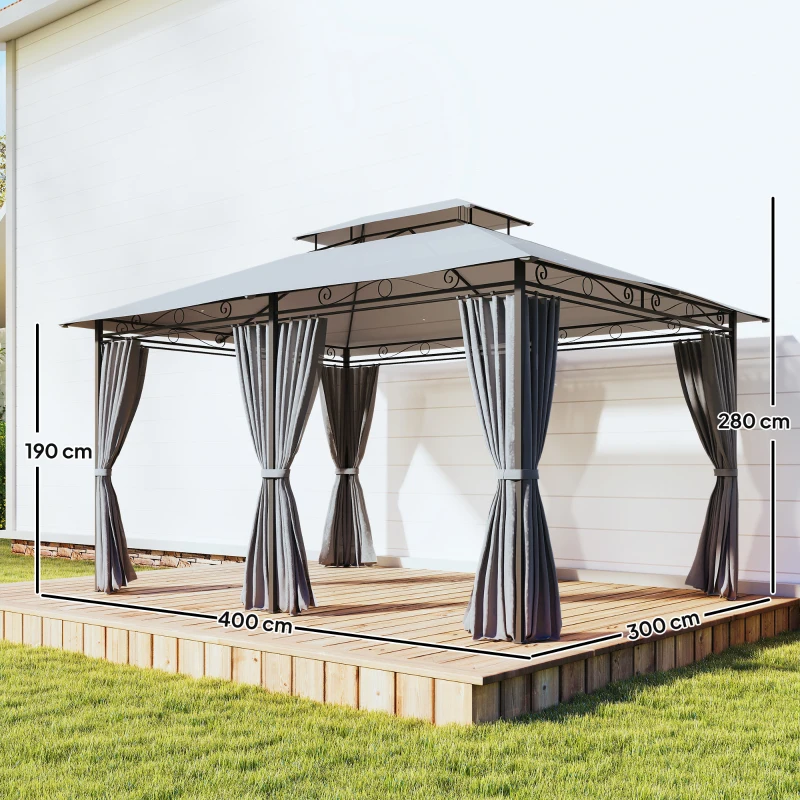 Outsunny Pérgola para Jardim 3x4 m Pérgola de Exterior com Telhado Duplo 6 Paredes Laterais Estrutura Metálica Cinza Escuro