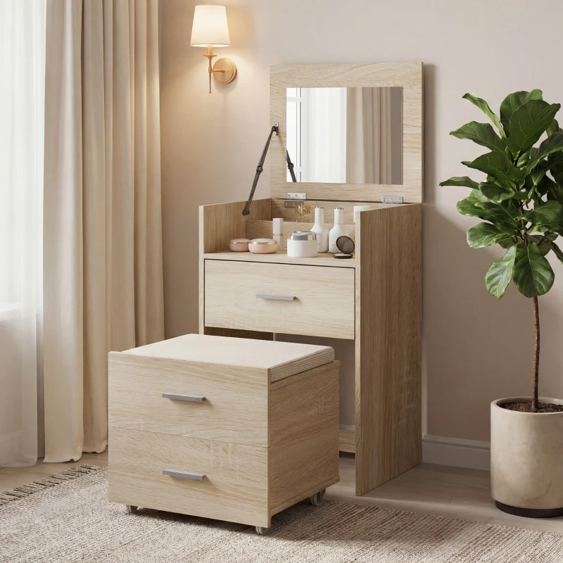 HOMCOM Tavolo da Trucco con Specchio a Ribalta, Cassetti e Sgabello, in Legno e Tessuto Effetto Lino, color Legno