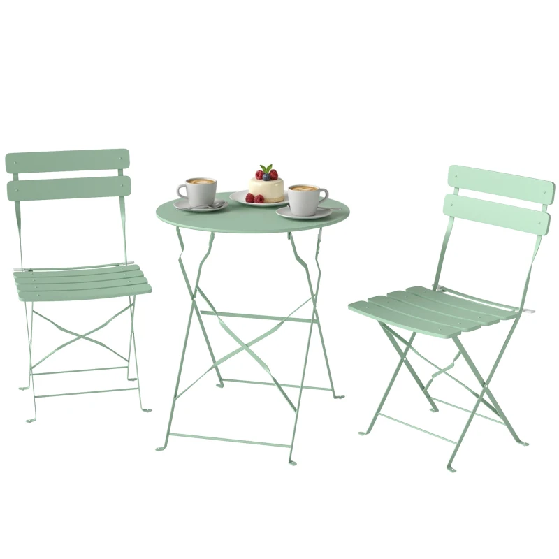 Outsunny Conjunto de Jardín Plegable con 2 Sillas Plegables Mesa Redonda Estructura Metálica Electrofórica para Balcón Verde