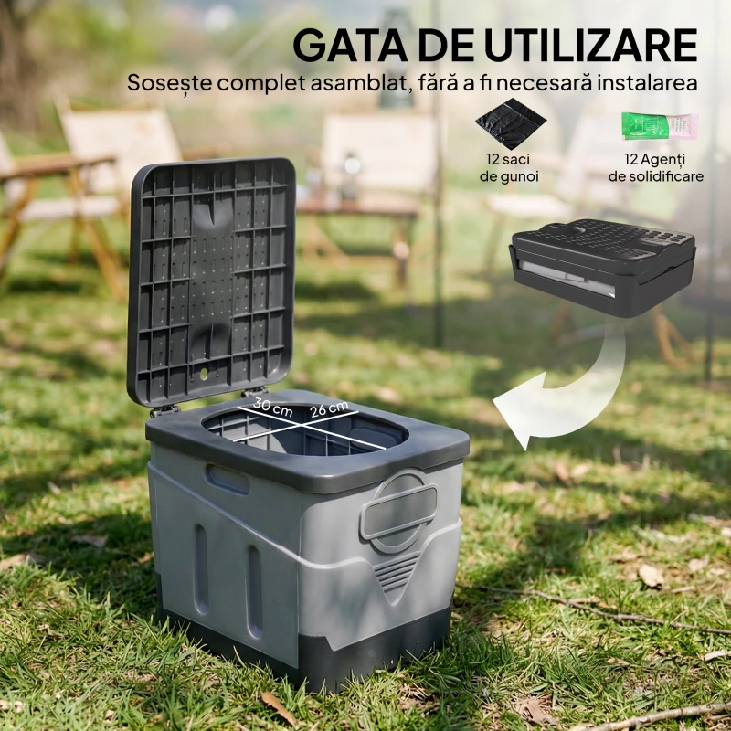 Outsunny WC Portabil de Camping cu 12 Pachete de Coagulant și 12 Pungi de Eliminare, 34x29x20 cm, Gri Închis