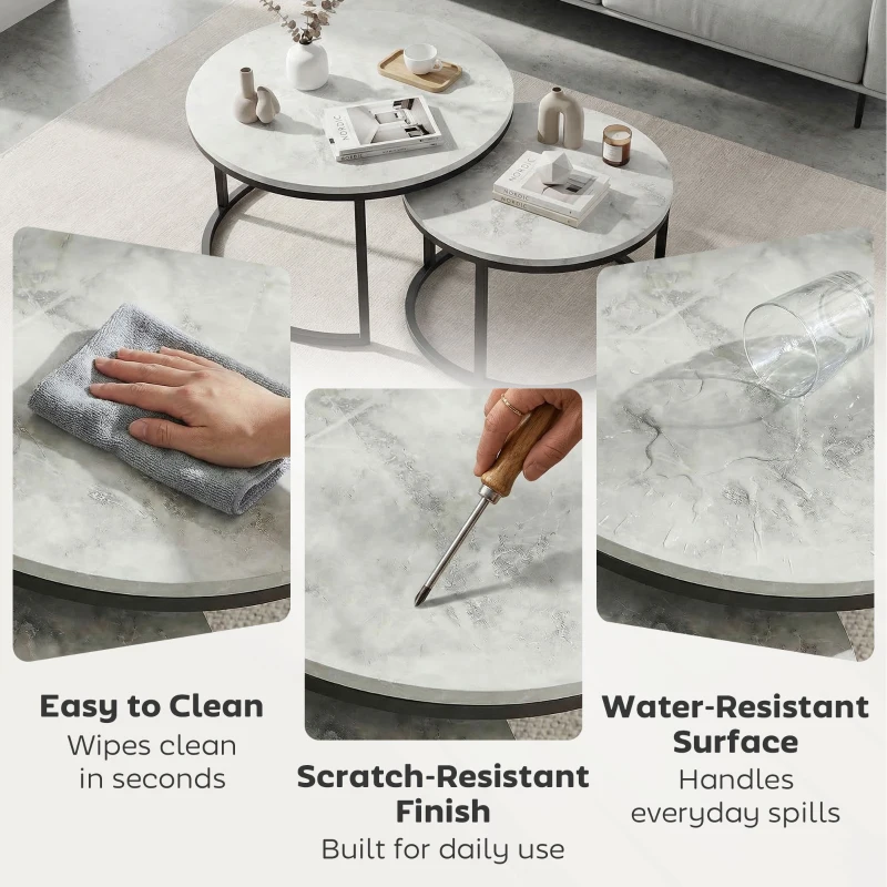 HOMCOM Set of Two Marble-Effect Stacking Tables - Wood Grey