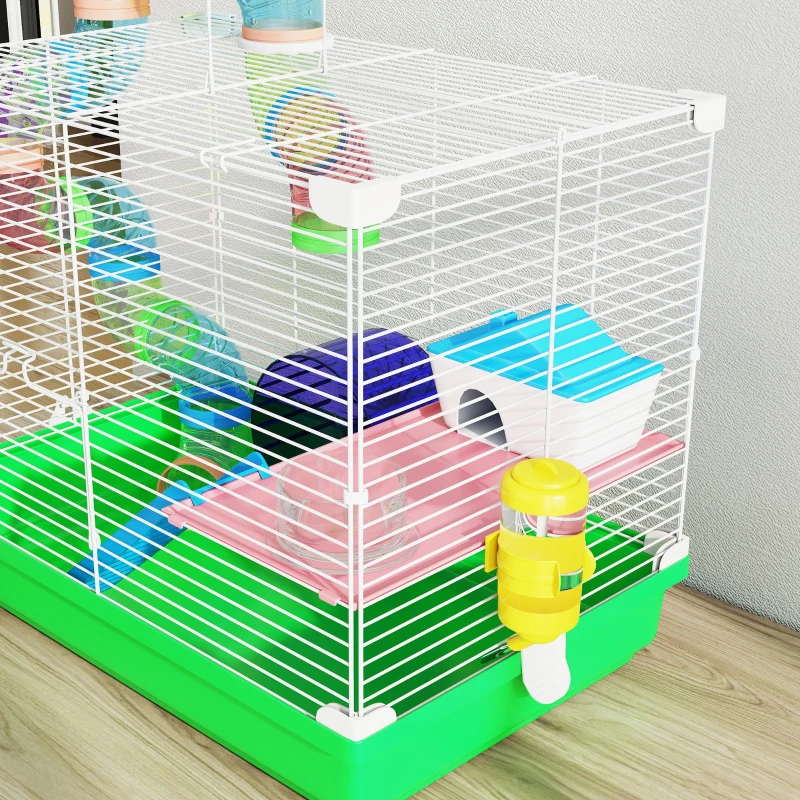 PawHut Jaula para Hámster con Túnel Cuenco Bebedero Casita Rampa Rueda de Ejercicio Bandeja Extraíble 46x30x37 cm Verde