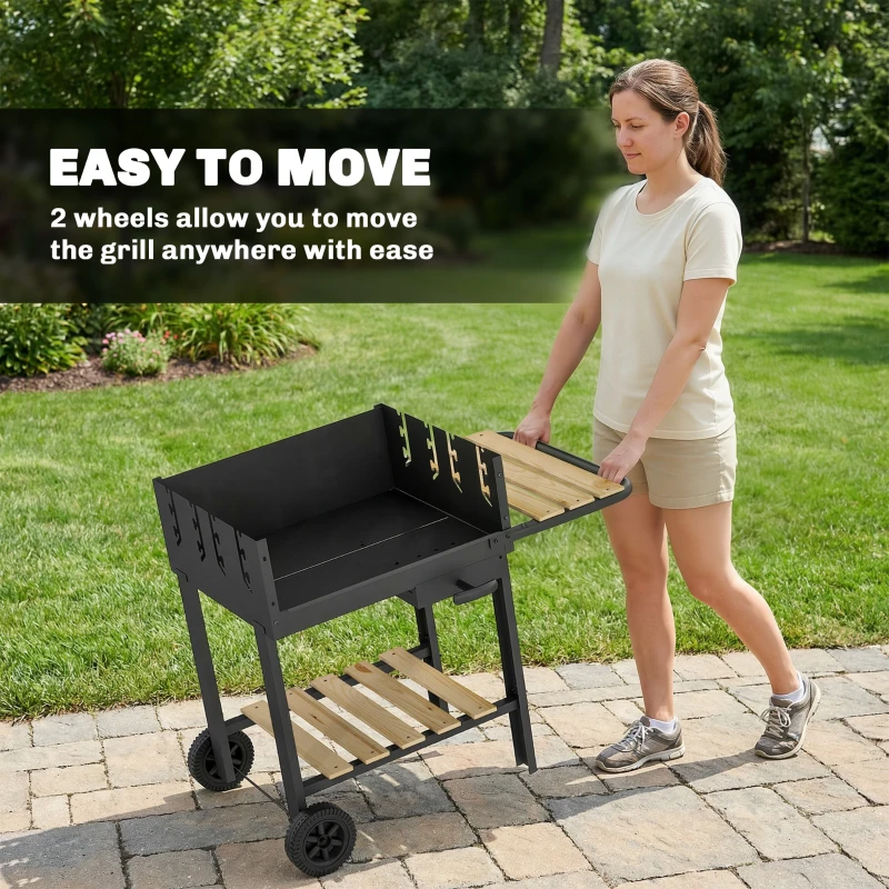 Outsunny Grill na węgiel drzewny z 4-stopniową regulacją wysokości rusztu, 2 drewniane półki, 2 kółka, tacka na popiół, 99,5 x 58 x 82 cm