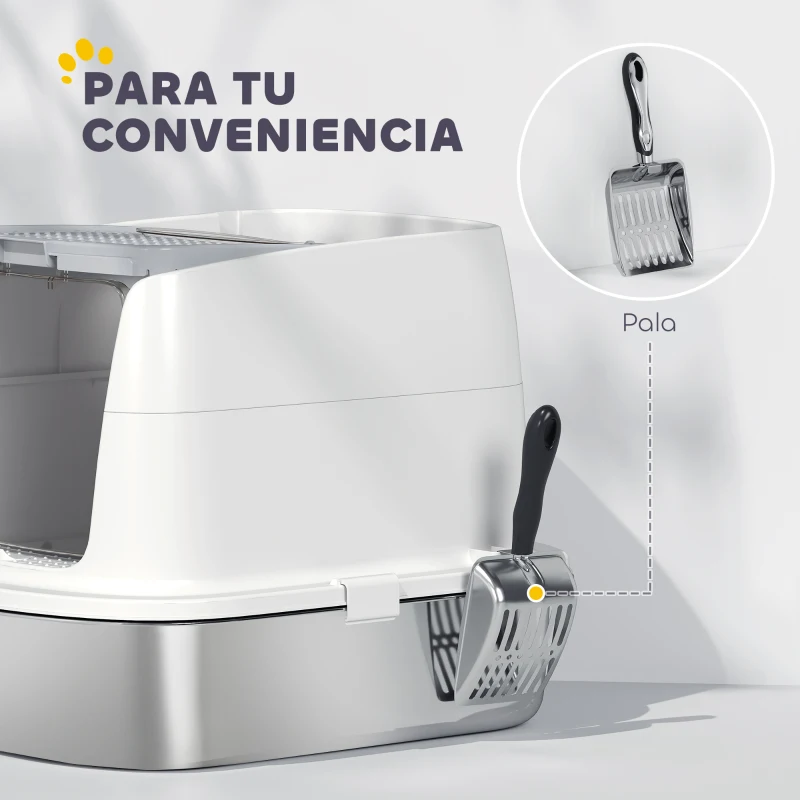 PawHut Arenero para Gatos de Acero Inoxidable L con Tapa Abatible Pala Metálica Bolsa Desodorizante Fácil de Limpiar Blanco