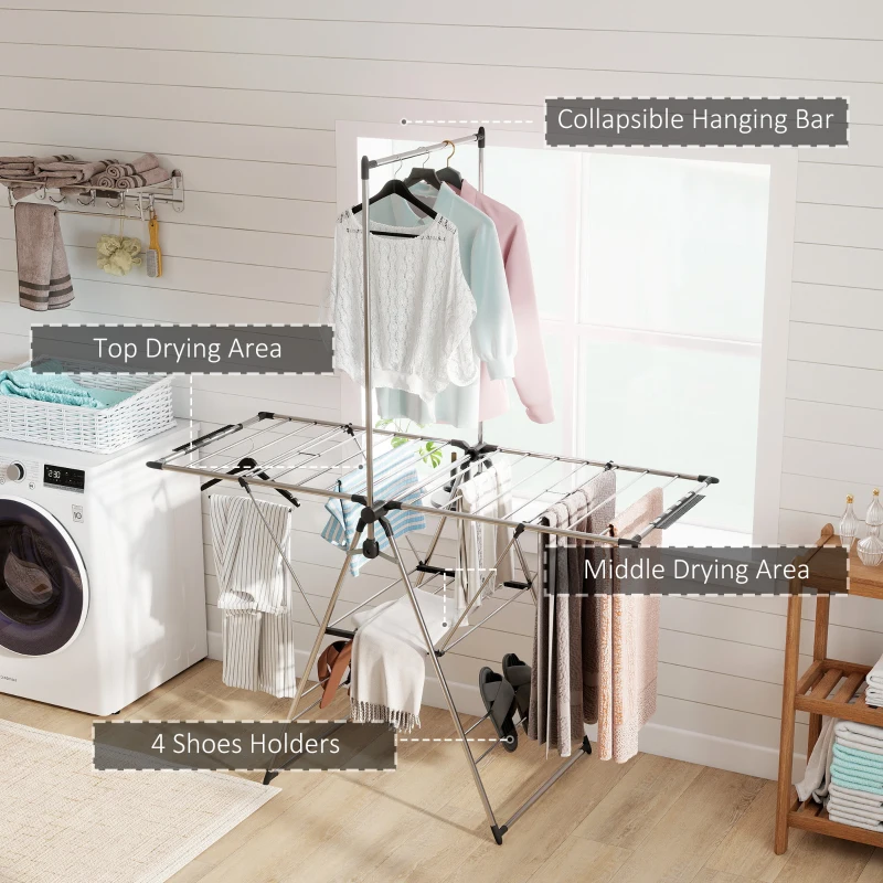 HOMCOM Suszarka składana, z regulowanymi skrzydłami, uchwytami na buty, stal nierdzewna, 156,5 x 68 x 192 cm, srebrna